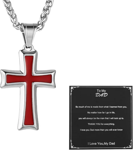 Vista 14 de HZMAN Collar con colgante de cruz de acero inoxidable para hombres con cadena de trigo Negro & rojo