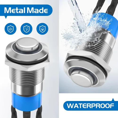 Vista 5 de Interruptor de botón de enganche DaierTek de 12 mm, interruptor de botón de 12 V, carcasa plateada, luz LED azul iluminada, interruptor impermeable