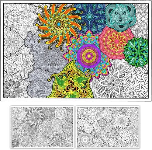 Vista 7 de Young N Refined Póster gigante para colorear con motivo de elefante con collages de flores y mandalas Versión plegada (24x36)