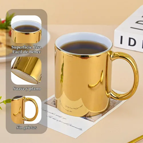 Vista 4 de BYCNZB Juego de 4 tazas de café de cerámica doradas para café, té, cacao (12 onzas)