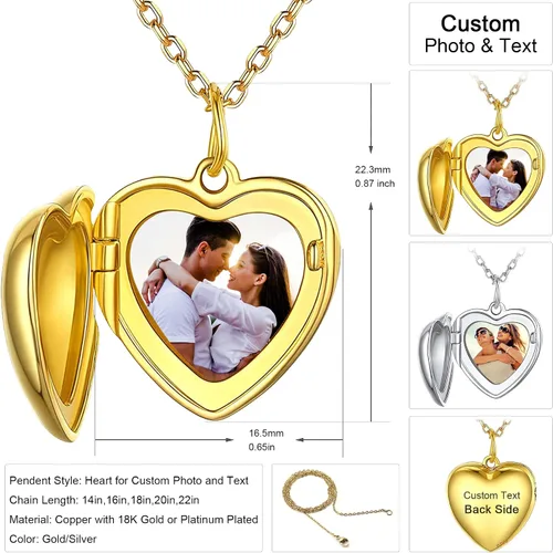 Vista 4 de Sterling Silver Heart Locket Necklace for Women, Angel Wings Lockets Necklace for Women That Hold Pictures, GoldSilverRose Gold Personalized Engrave