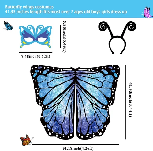 Vista 5 de D.Q.Z Chal de alas de mariposa de hadas para niñas, capa y máscara de diadema de arco iris, Halloween, fiesta de disfraces