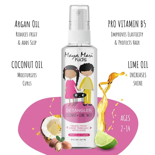 Vista 3 de MAYA MARI Spray desenredante de cabello para bebés, niños pequeños, niños y niñas, aceites de argán y coco, sin desgarros, coco y lima, 8 onzas