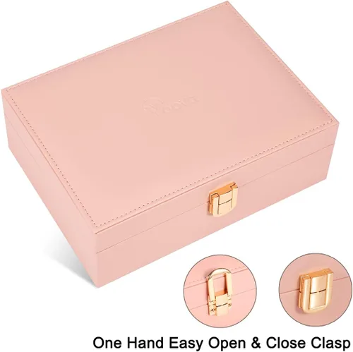Vista 5 de Voova - Joyero organizador para mujeres y niñas, 2 capas de almacenamiento de joyas grandes para hombres, soporte para joyas de piel sintética