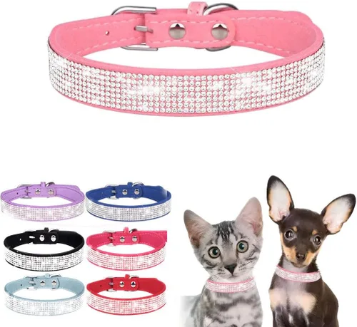 Vista 15 de Collar de perro con diamantes de imitación y lazo ajustable para mascotas, talla XXS, XS, tamaño pequeño, mediano y grande, color rosa, talla XX S