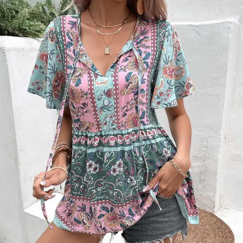 Vista 8 de Womens Shirts Dressy Casual 2023 Bohemian Flowy Streetwear Blouses Trendy Tops Short Sleeve Blouses