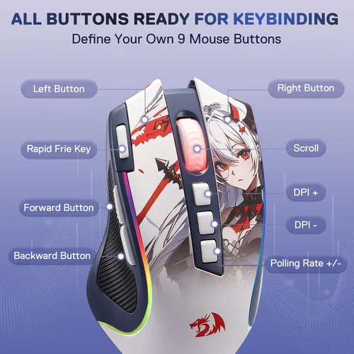 Vista 4 de Redragon M612AK PRO RGB Anime Mouse para Juegos, ratón óptico con cable/inalámbrico de 8000 DPI con 9 botones programables y 7 modos