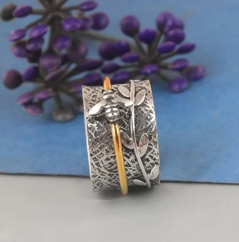 Vista 6 de Anillo giratorio de plata de ley con diseño de hoja de meditación de abeja de miel y abeja