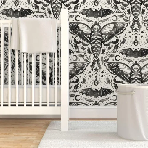 Vista 6 de Muestro de papel tapiz extraíble – Acuarela Cráneo Polilla Damasco Negro Blanco Flor Estrellas Elegante Tinta Magia Papel pintado personalizado