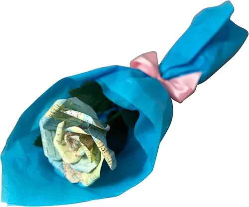 Vista 2 de Flores de papel de mapa hechas a mano, rosa de papel hecha a partir de páginas del Atlas Mundial recicladas, regalos para amantes de los viajes