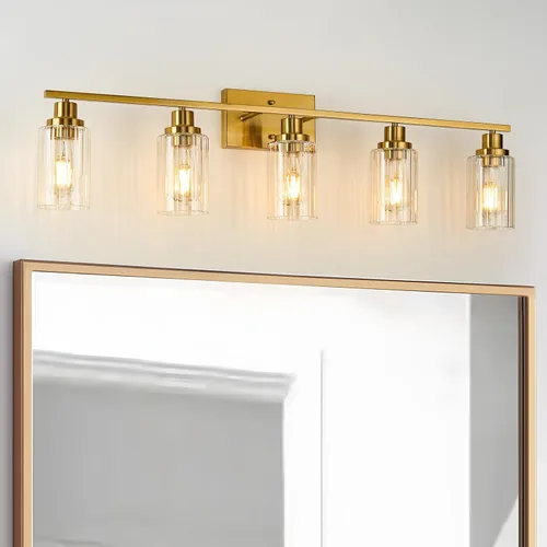 Vista 13 de Jonsi Accesorios de iluminación de baño dorados, 2 luces de tocador de oro cepillado con pantalla de vidrio estriada, luces modernas sobre espejo