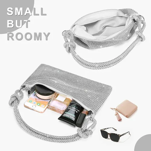 Vista 3 de Monederos con diamantes de imitación para mujer, elegante bolso de noche brillante, bolso de mano plateado brillante para fiesta