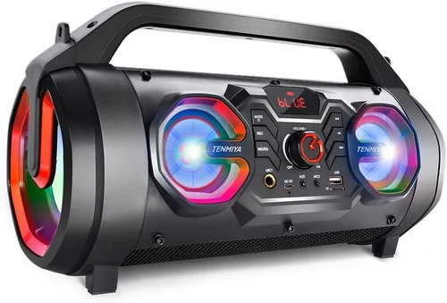 Vista 9 de Altavoz Bluetooth, Boombox Bluetooth portátil de 30 W con subwoofer, radio FM, luces coloridas RGB, ecualizador, sonido estéreo, graves potentes