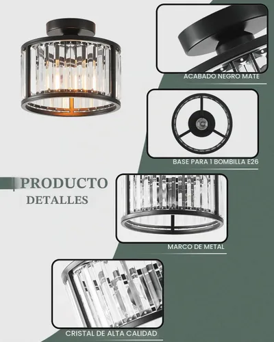 Vista 3 de Lámpara de techo negra empotrada, lámpara de cristal enjaulada de 2 luces, lámpara de pasillo de tambor pequeño, montaje de techo