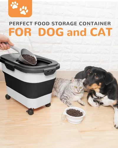 Vista 2 de Contenedor de almacenamiento de alimentos para perros de 20 a 23 libras, contenedor plegable para alimentos para perros con ruedas y cuchara