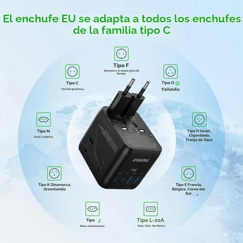 Vista 6 de MOMAX Adaptador de viaje universal Mini 35W Adaptador de corriente de Negro