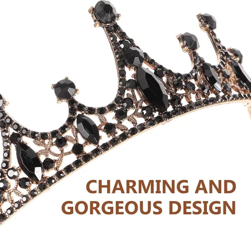 Vista 7 de Lurrose Tiara barroca de corona de reina para novia, diamantes de imitación negros, disfraz barroco de Halloween, baile de graduación, tiara