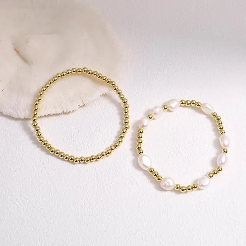 Vista 7 de Pulseras de cuentas de oro para mujer, perlas barrocas apilables, chapadas en oro de 14 quilates, pulsera de bolas elásticas para regalo de joyería