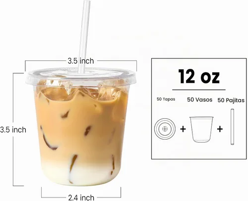 Vista 2 de Juego de 50 tazas de café de plástico transparente de 12 onzas con tapas y pajitas