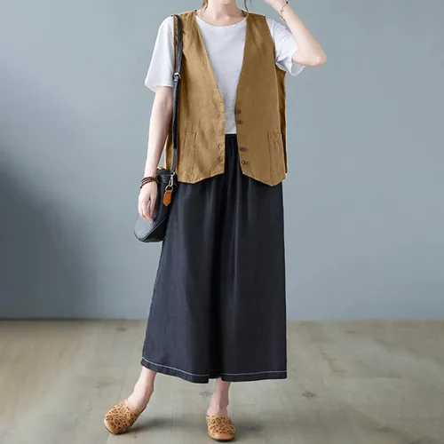 Vista 27 de COTECRAM Chaleco de lino de algodón para mujer, casual, sin mangas, con botones, ligero, para verano, holgado, ropa de abrigo