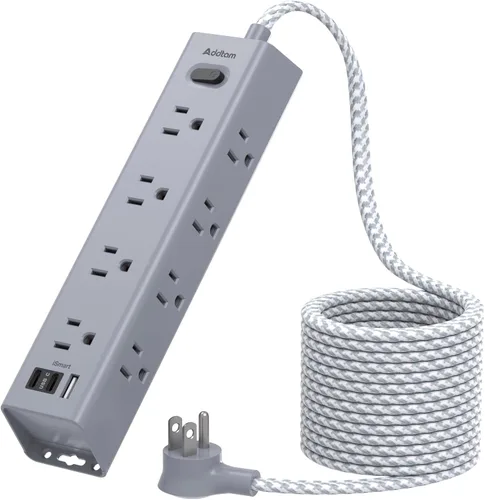 Vista 10 de Regleta protectora de sobretensiones – Cable de extensión de 10 pies, regleta de alimentación con 12 salidas de CA amplias 3 USB, enchufe plano
