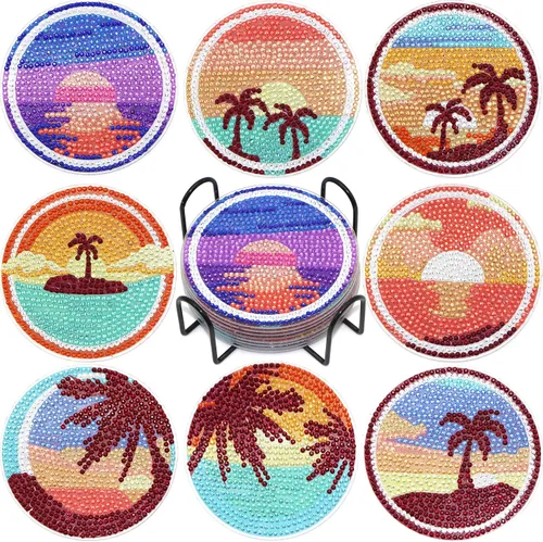 Vista 8 de Kit de posavasos de arte de diamante con soporte, 8 posavasos de arte de diamante para adultos, niños, principiantes, regalos de manualidades (donas)