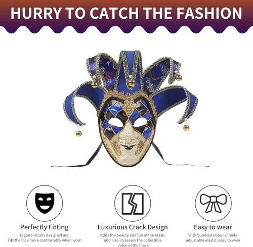 Vista 5 de BLEVET Máscara de mascarada para hombres y mujeres, veneciana veneciana de cara completa, máscara de Mardi Gras, fiesta de Halloween, talla única