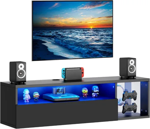 Vista 8 de SogesPower Soporte flotante para TV montado en la pared con luces, soporte de TV LED, centro de entretenimiento flotante con almacenamiento
