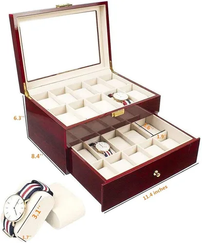 Vista 2 de Caja de almacenamiento para relojes de madera con 20 ranuras y tapa de cristal para joyas, con 20 cojines extraíbles y suaves para hombres y mujeres
