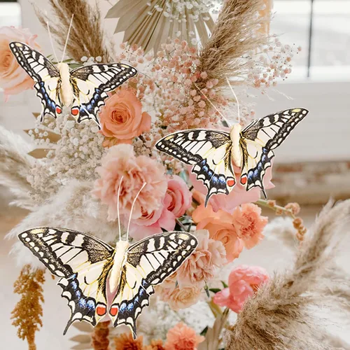 Vista 3 de Juego de 12 decoraciones de mariposa de plumas y mariposas multicolores, mariposas papilio machaon en alambre. Decoración del hogar de primavera