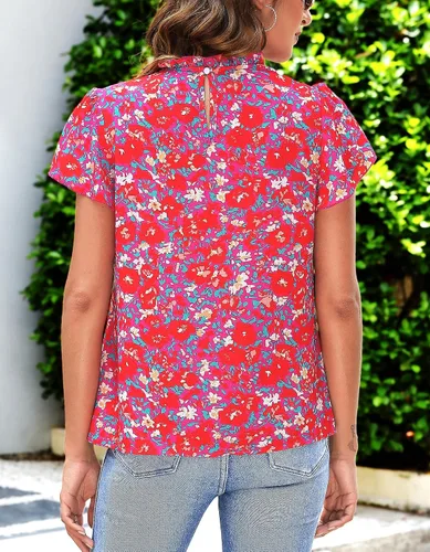 Vista 4 de SimpleFun - Blusas de verano con volantes y cuello de moca estilo bohemio para mujer, manga corta, estampado floral