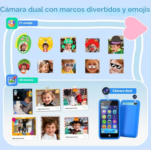Vista 4 de MOMILLA Toys - Teléfono inteligente para niños, cámara dual de pantalla de 3.97 pulgadas con 21 calcomanías, regalos de cumpleaños para niños