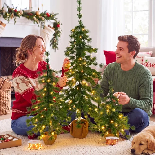 Vista 5 de Cinnvoice Paquete de 3 árboles de Navidad preiluminados con luces, aguja
