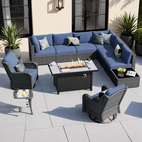 Vista 27 de HOOOWOOO Juego de sofá modular para patio al aire libre, 7 piezas en forma de U, juego de sofá de mimbre rústico para 6 personas, juego de Beige