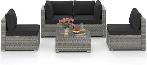 Vista 18 de Tangkula Juego de 2 sofás de mimbre para exteriores, sin brazos, juego de sofá modular de ratán para patio con 2 cojines de asiento gruesos y 2