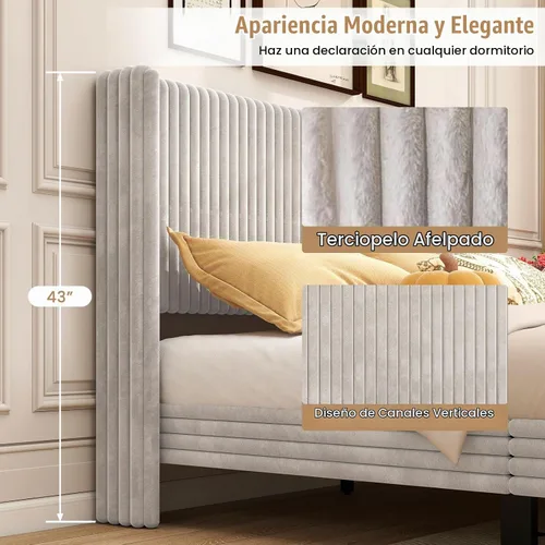 Vista 4 de Giantex Base de cama de terciopelo tamaño Queen, plataforma tapizada con cabecera vertical copetuda, base de colchón de soporte de listones