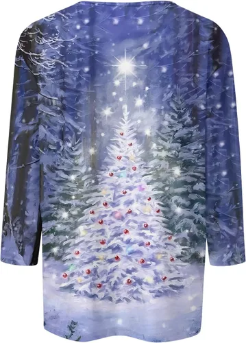 Vista 2 de Camisas de Navidad para mujer, a la moda, casual, cuello redondo, manga 34, holgada, con estampado de Navidad