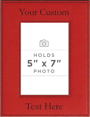 Vista 53 de Marco de fotos de piel sintética de cuero sintético grabado para añadir tu texto personalizado para colgar o en la mesa, marco de fotos familiares