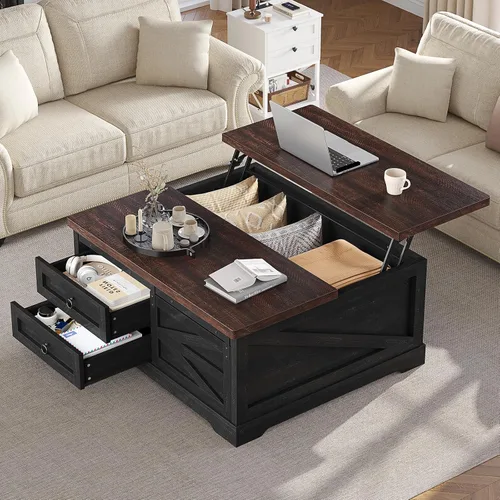 Vista 13 de Itaar Mesa auxiliar elevable de 39.4 pulgadas con almacenamiento, mesas de centro estriadas para sala de estar, mesa de centro cuadrada con gran