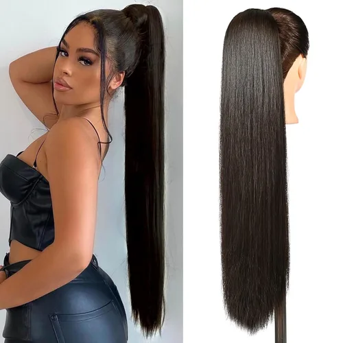 Vista 23 de SEIKEA Extensiones de cola de caballo con cordón, larga y recta, cola de caballo falsa, natural, suave, extensiones de cabello sintético resistente