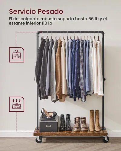 Vista 3 de VASAGLE UHSR65BX - Perchero para ropa de estilo rústico con diseño de tuberías industriales, con estante, estante de ropa resistente