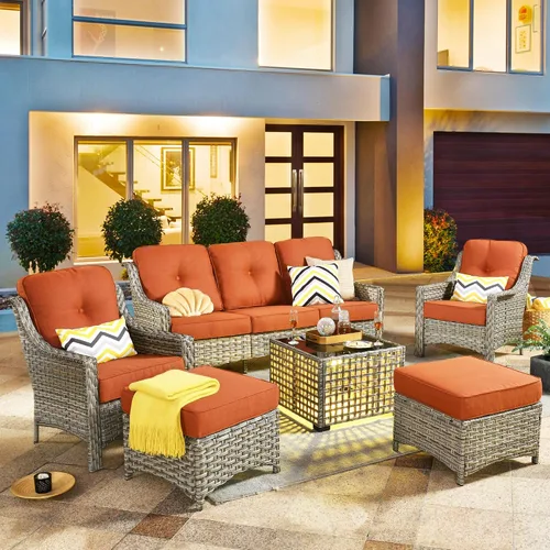 Vista 53 de HOOOWOOO Sofá de patio de 3 plazas de mimbre para exteriores, resistente a todo tipo de clima, con respaldo alto, muebles a juego (beige y bronceado)