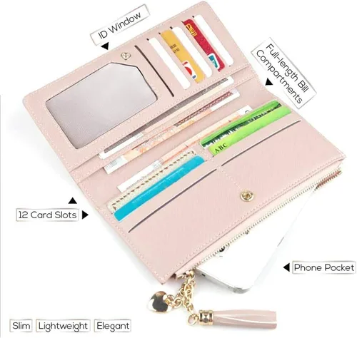 Vista 2 de Yafanqi Cartera de cuero para mujer, organizador de tarjetas de crédito, con cremallera bonita, grande, larga, monedero, C- azul, Carteras largas