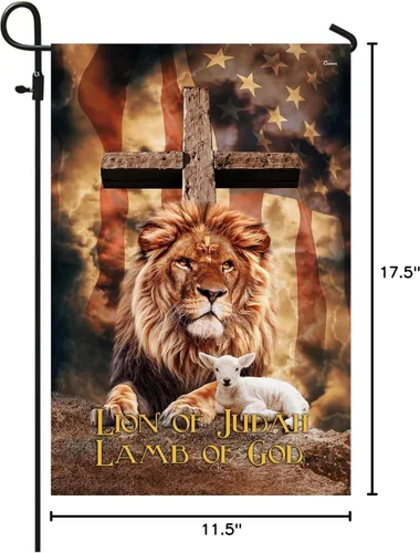 Vista 8 de Bandera estadounidense con cruz "Judah Lamb Of God" v1, de 11.5 x 17.5 pulgadas para jardín, banderas de Estados Unidos de poliéster prémium