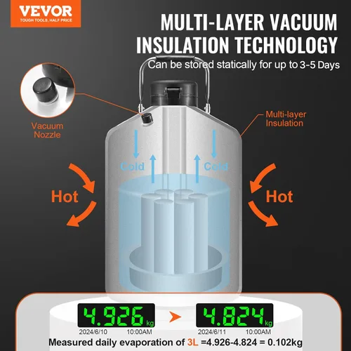 Vista 2 de VEVOR Tanque de Nitrógeno Líquido, Contenedor de Nitrógeno Líquido de Aleación de Aluminio de 3 L, Tanque Dewar de LN2 con 6 Botellas y Bolsa