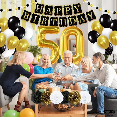 Vista 6 de KatchOn, Juego de decoración de feliz cumpleaños número 50, paquete de 48, globos dorados del número 50 de 40 pulgadas, pancarta de feliz cumpleaños