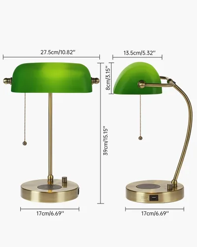 Vista 4 de Lámpara de Escritorio de Banquero de Cristal Verde con Cargador Inalámbrico, Puerto de Carga USB para Oficina en Casa, Lámpara de Mesa Regulable sin