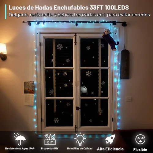 Vista 6 de Luces de Hadas USB Enchufables de 33 pies, 100 LEDs con Control Remoto, Luz Blanca Cálida de 20 Colores Cambiantes, Luces de Cadena Centelleantes