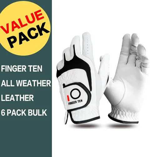 Vista 2 de FINGER TEN Mens Golf Gloves Leather Palm Value 6 Pack