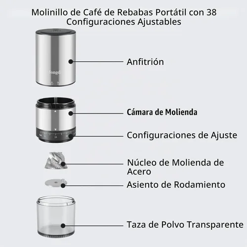 Vista 5 de Mongdio Molinillo de Granos de Café Eléctrico Portátil con 38 Configuraciones Ajustables, Molinillo de Café Eléctrico de Rebaba con Núcleo de Acero